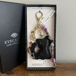New Eye Candy Halloween Black Cat Purple Bag Charm Keychain Spooky Cute Gold